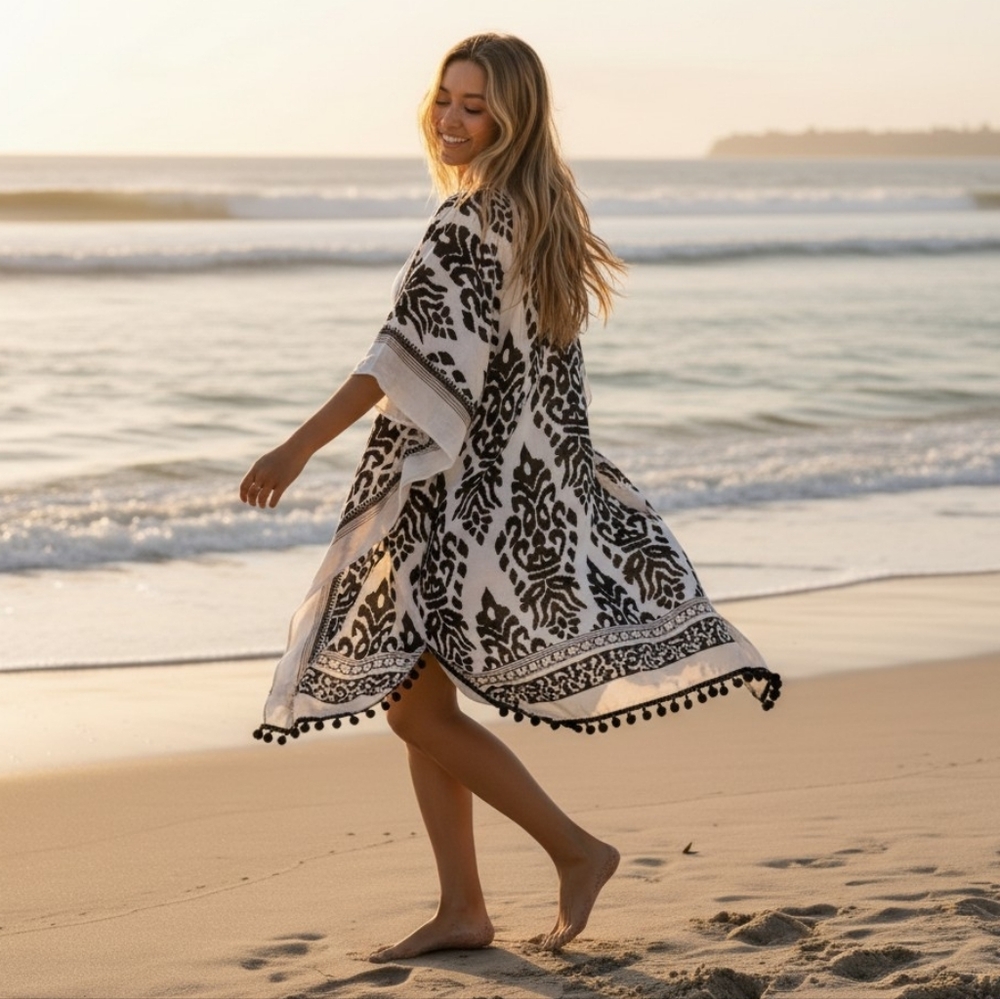 ComfyLuxe Pom Pom Trim Kimono Black White Print Beach Cover Up One Size OS